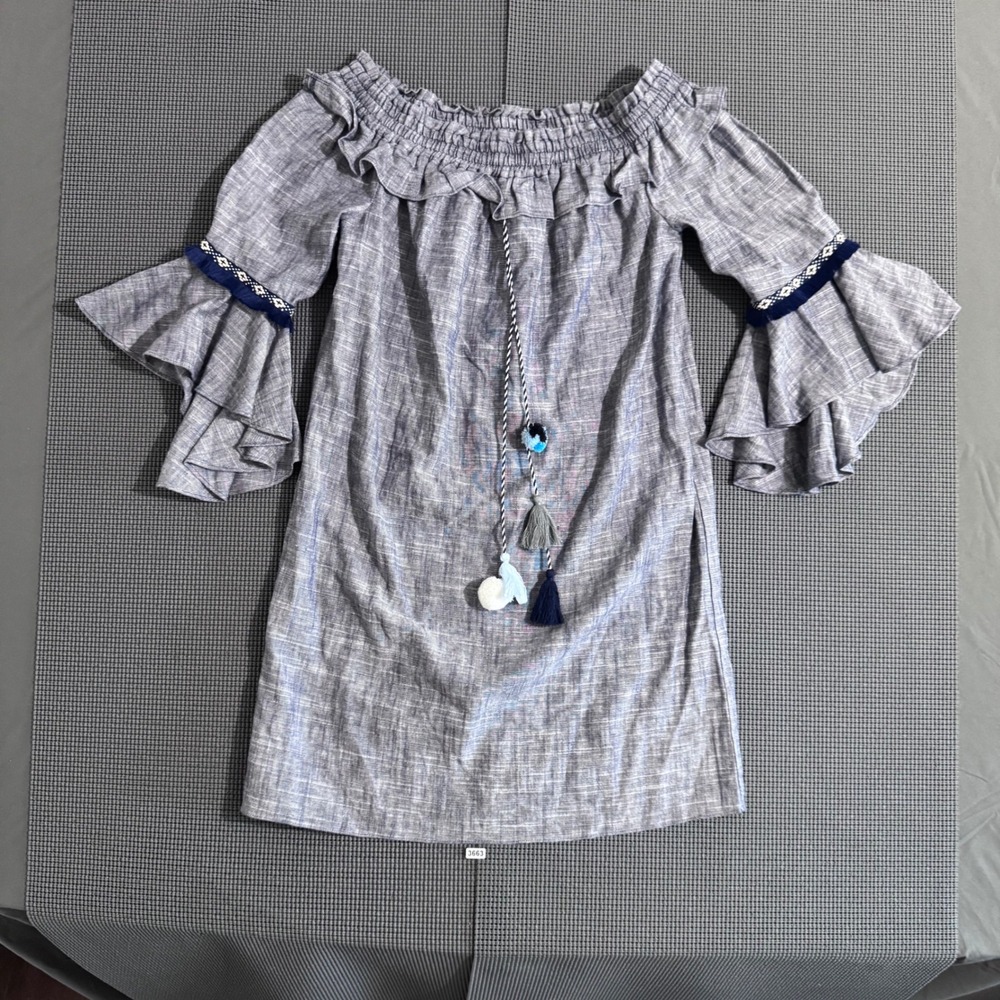 Catherine Catherine Malandrino Blue Off Shoulder Bell Sleeve Cotton Dress Small